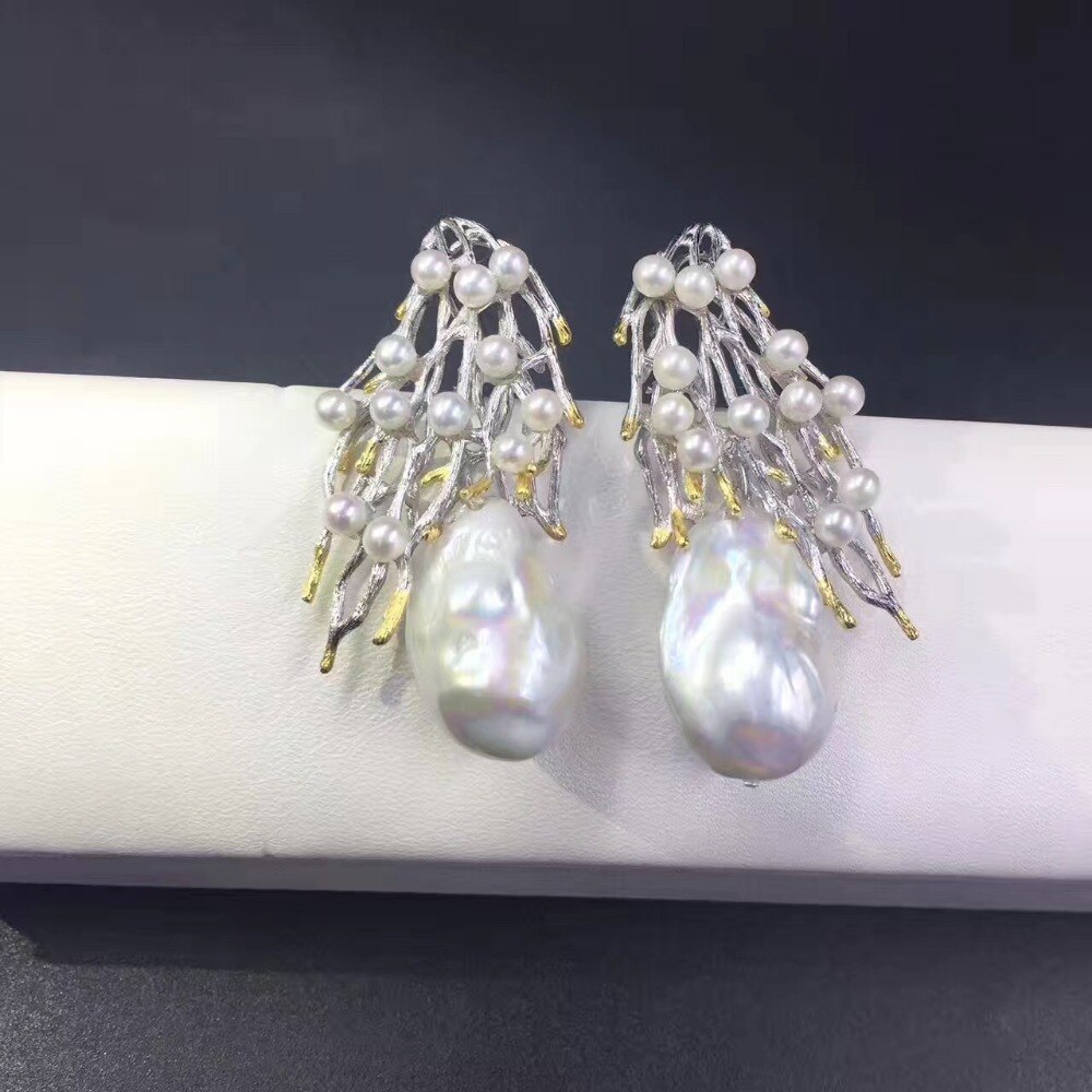 Baroque Natural Pearl 925 Silver Coral Design Earring For Women